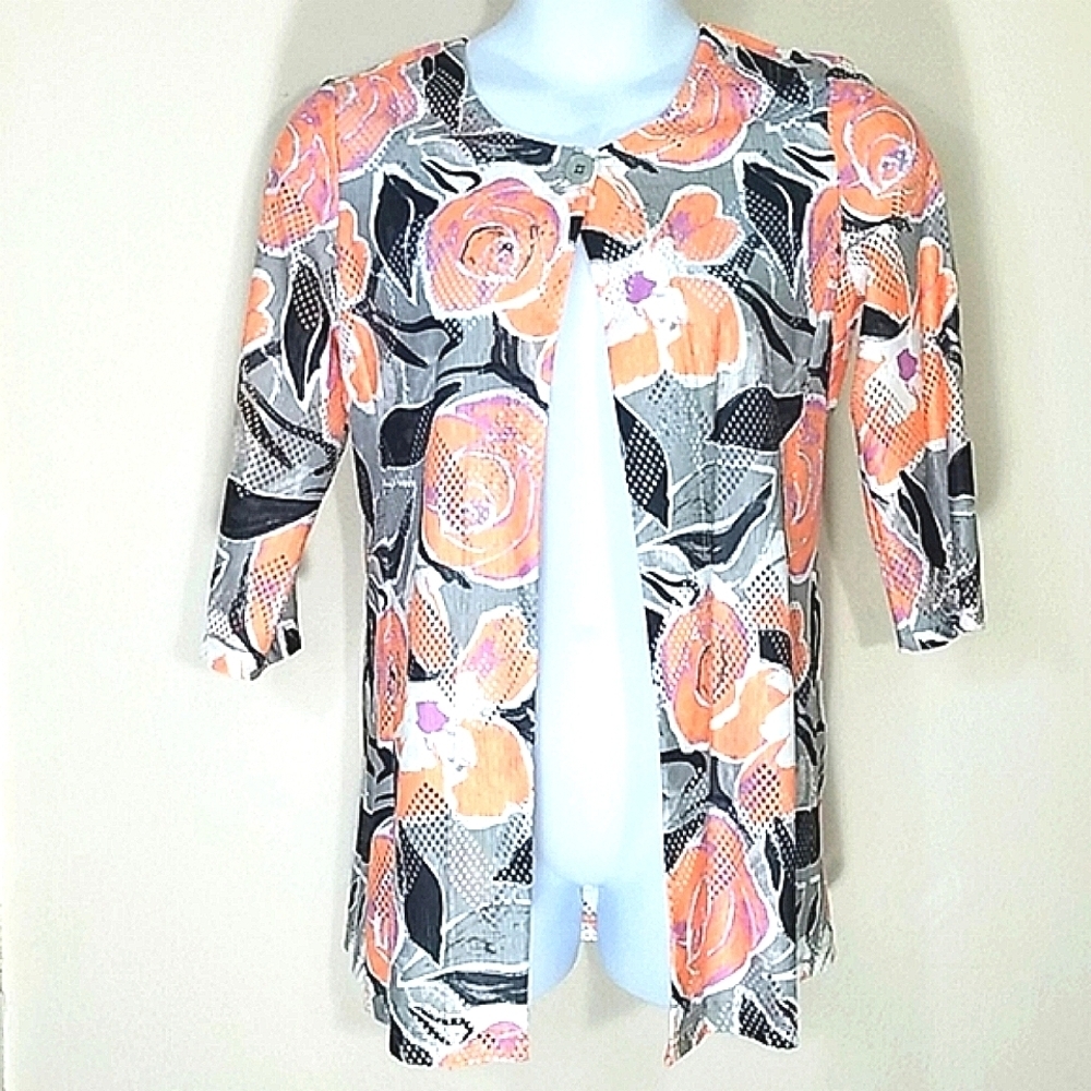 Blazer jacket Pastel Peach floral print 3/4 sleeve lightweight mesh Garden Fairy